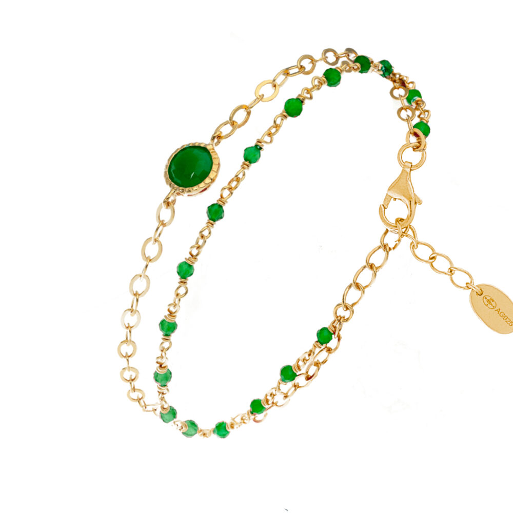 Bracelet en argent doré double chaine pierres naturelles onyx vert