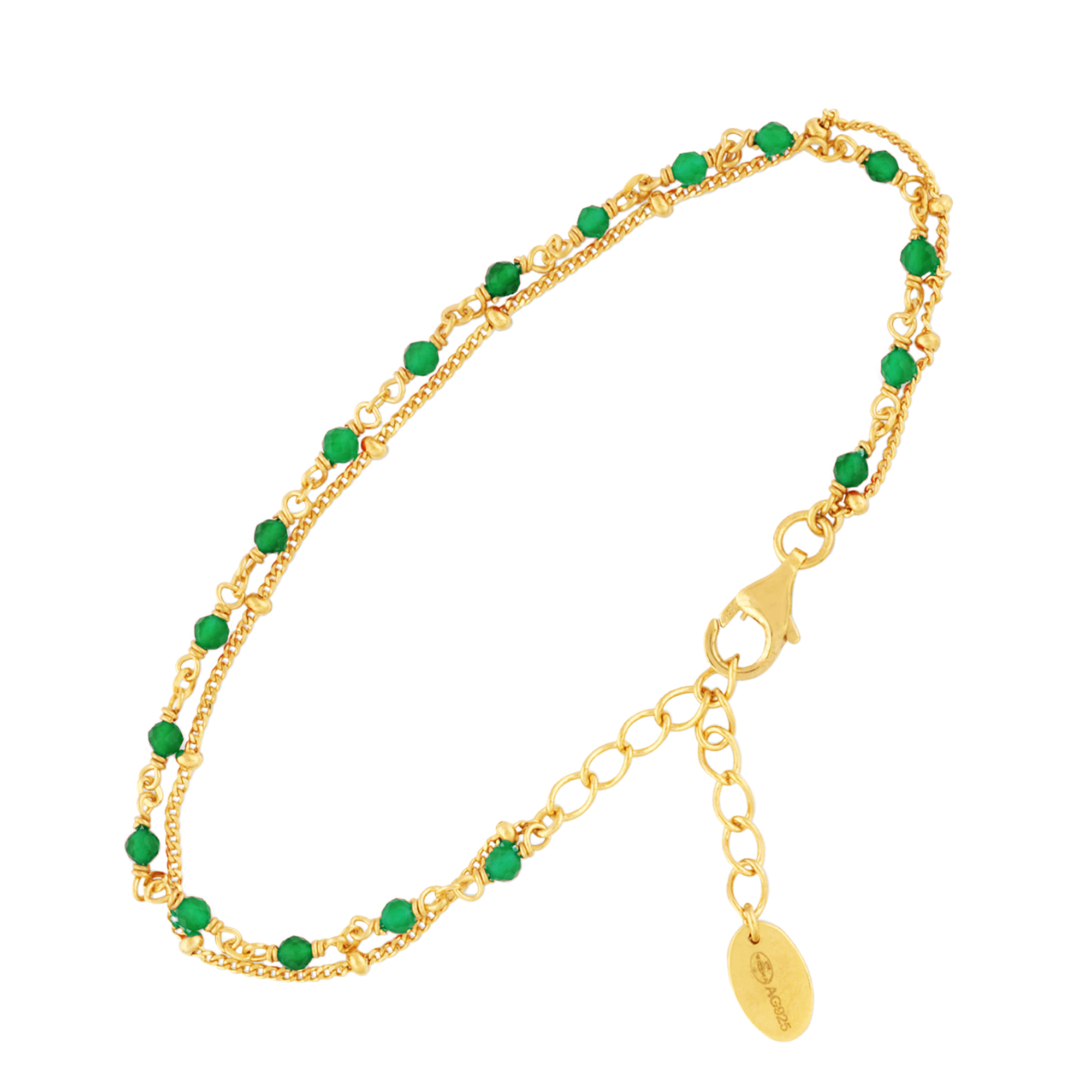 Bracelet en argent doré double chaine pierres naturelles onyx vert