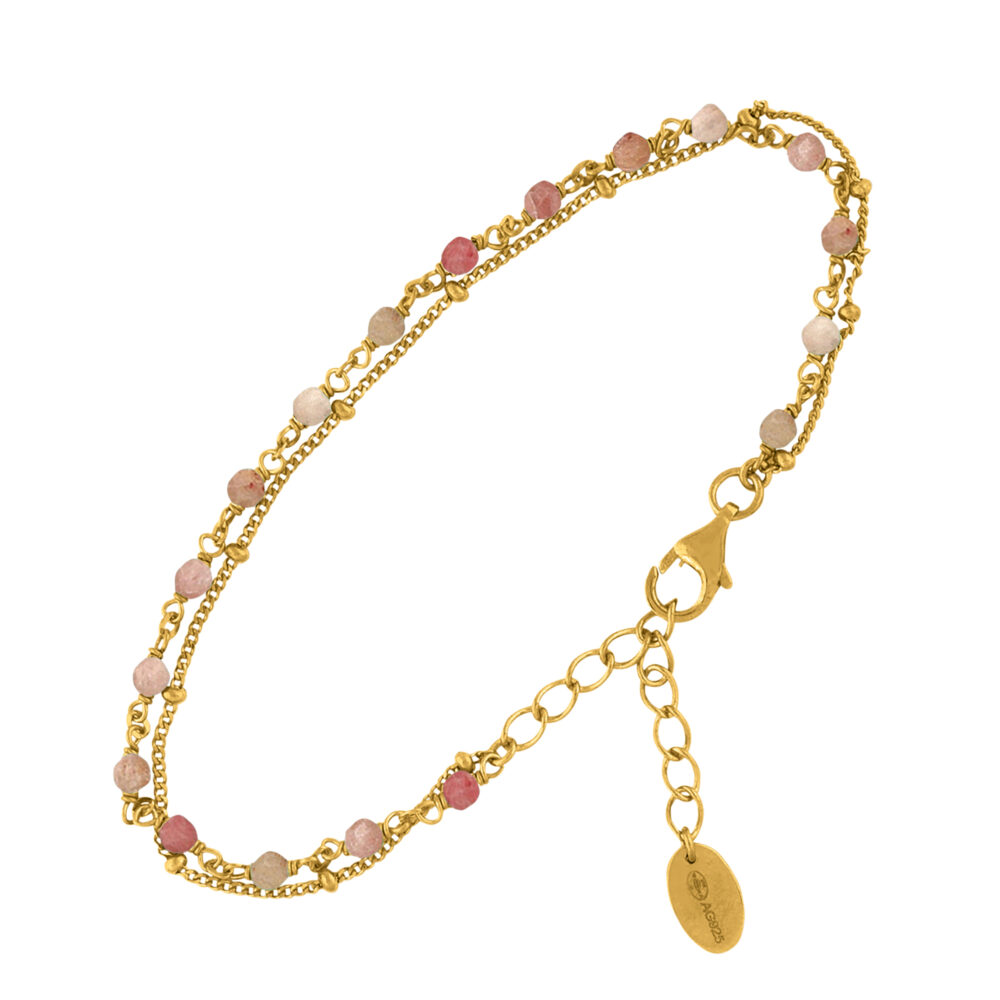 Bracelet en argent doré double chaine pierres naturelles quartz rose fraise