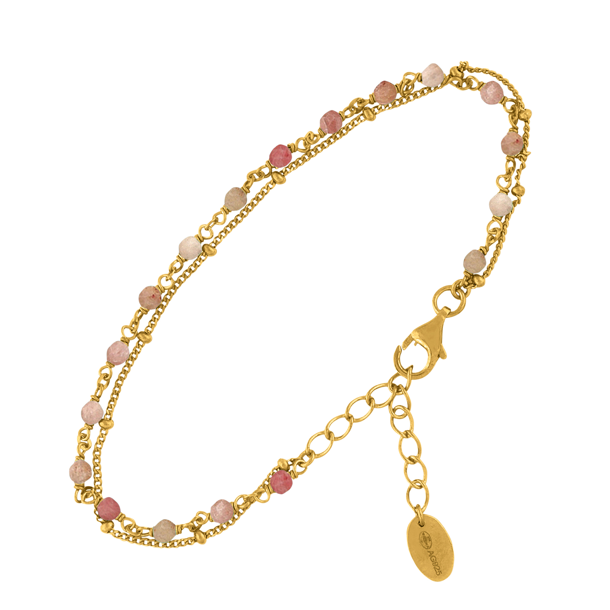 Bracelet en argent doré double chaine pierres naturelles quartz rose fraise