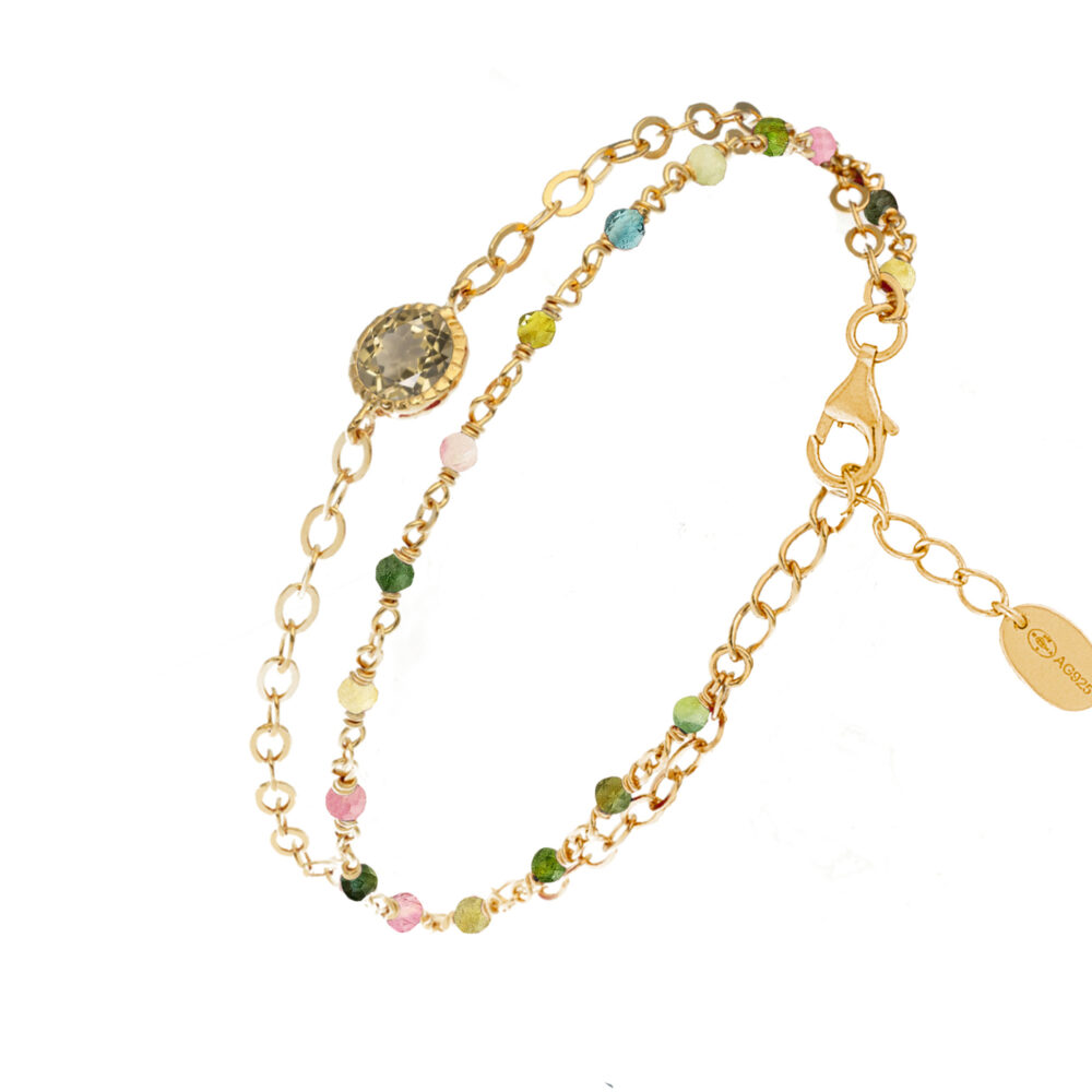 Bracelet en argent doré double chaine pierres naturelles tourmaline médaillon quartz fumé