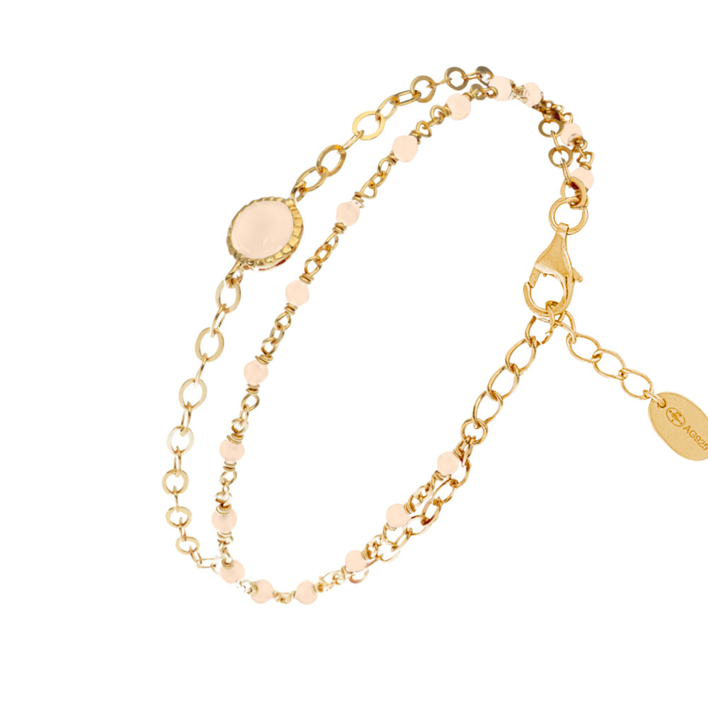 Bracelet en argent doré double chaine pierres naturelles opale rose médaillon opale rose