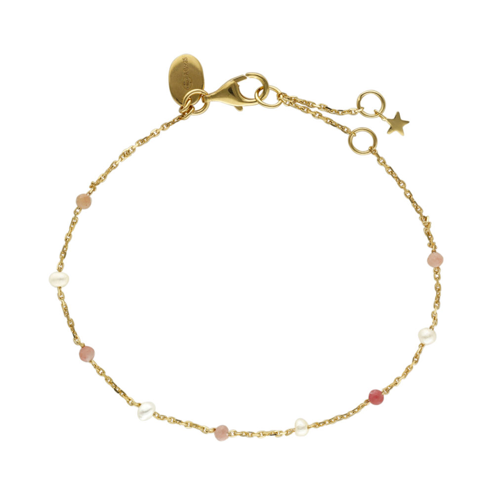 Bracelet en argent doré pierres naturelles quartz rose fraise et perles naturelles blanche