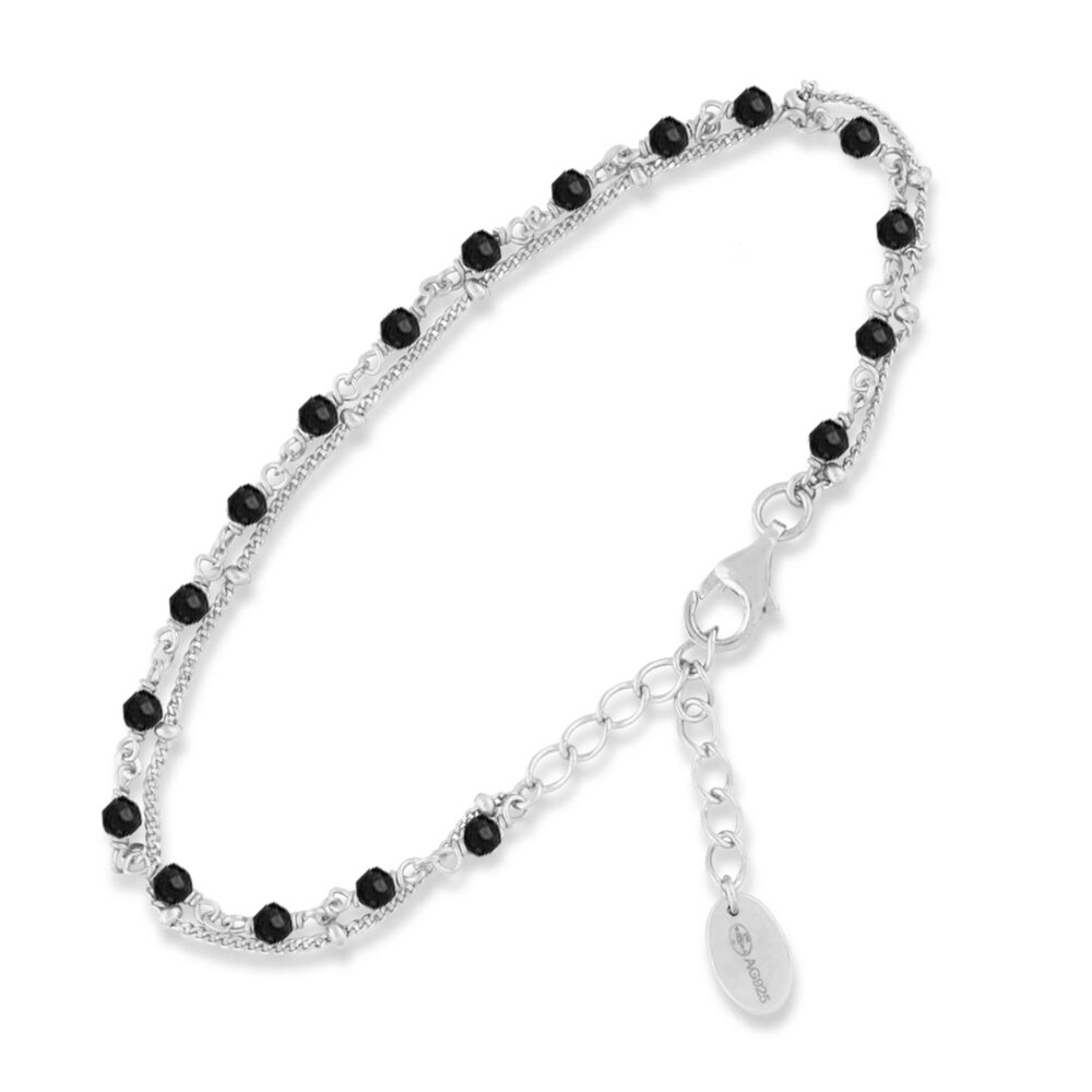 Bracelet en argent rhodié double chaine pierres naturelles noires