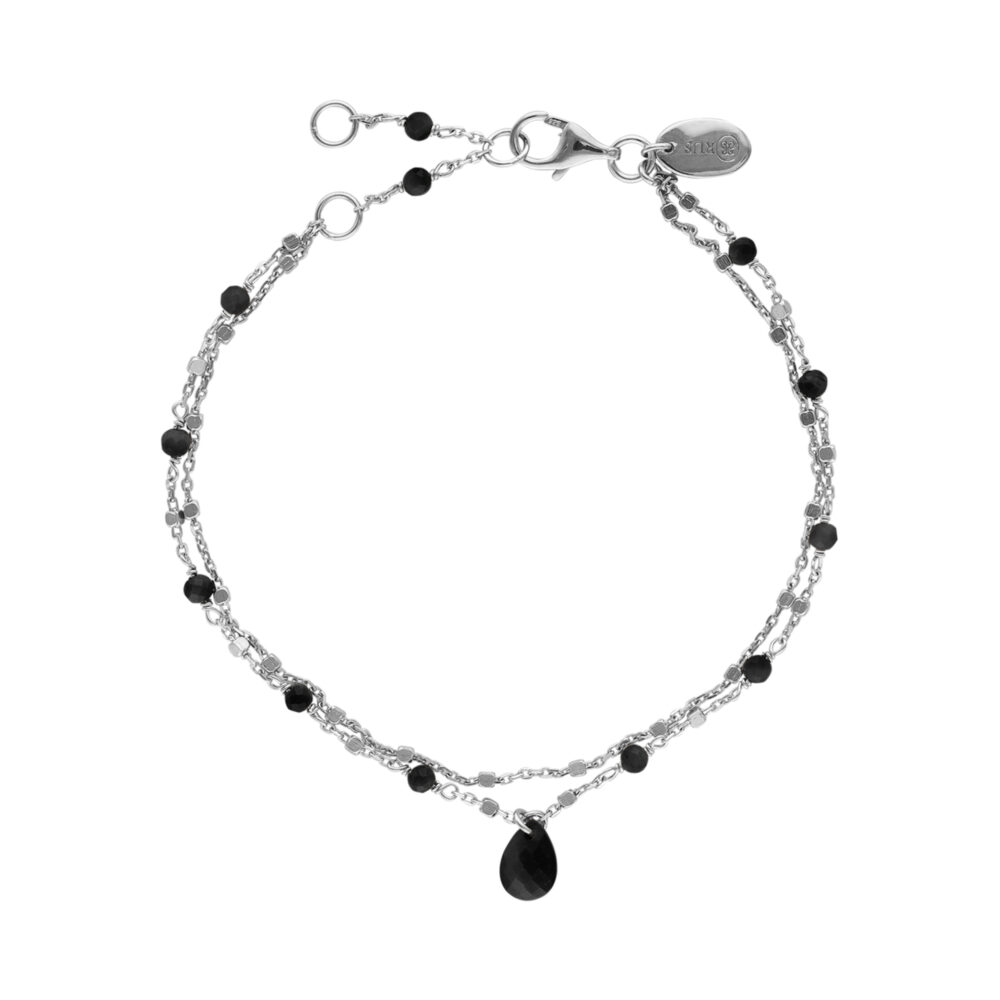 Bracelet en argent rhodié double chaine pierres naturelles spinelle noir goutte spinelle noir