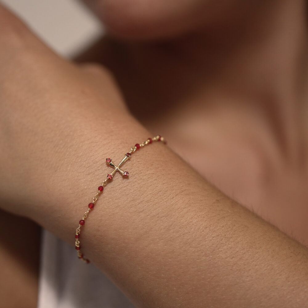 Alternative view of Bracelet en argent rhodié croix pierres naturelles noires