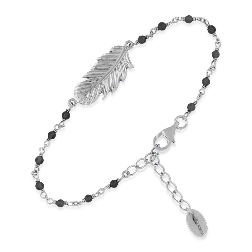 Bracelet en argent rhodié plume pierres noire