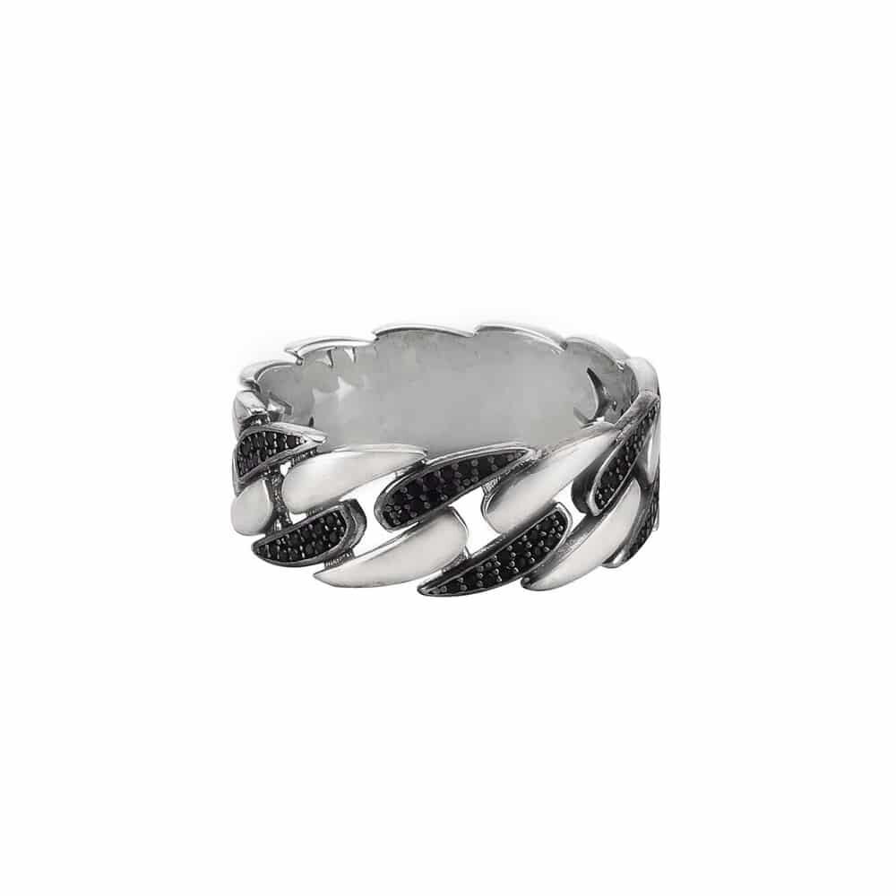 Bague homme argent chaine moderne sertie zirconium noir