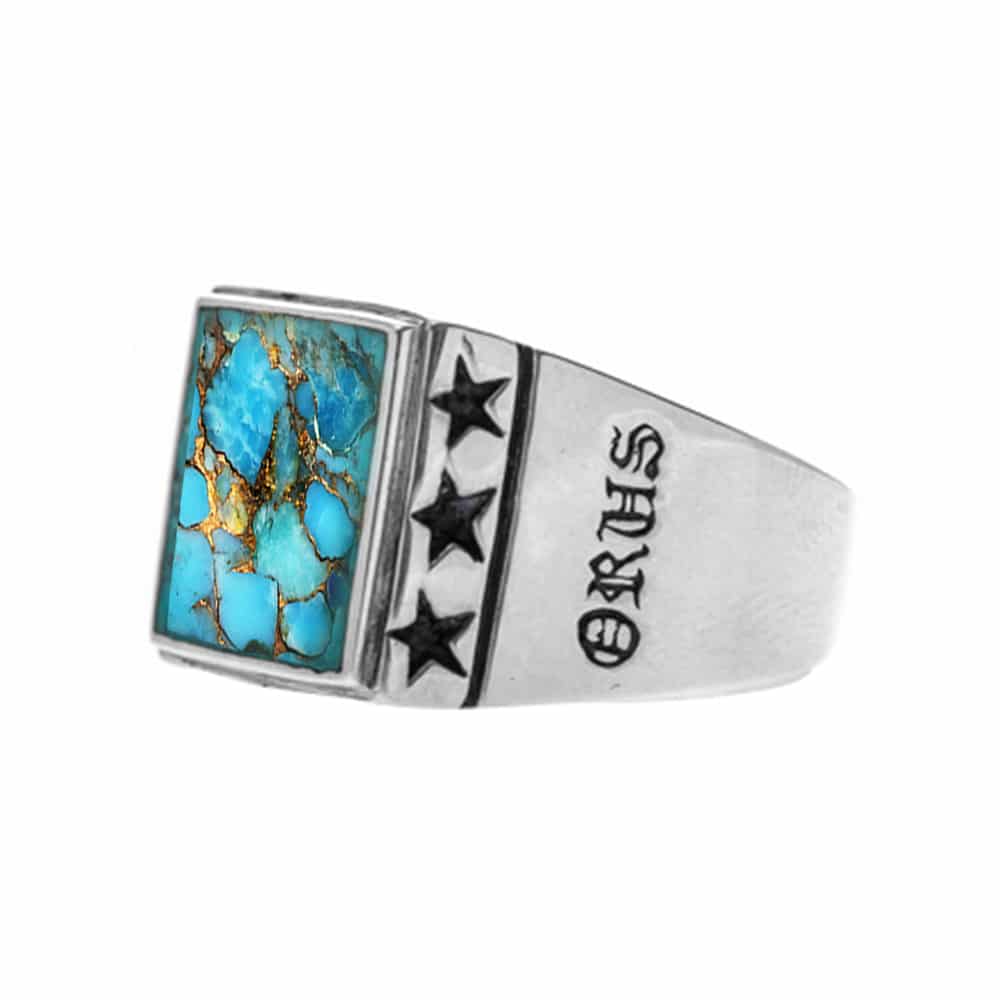 Chevalière argent homme étoiles pierre turquoise – Image 3