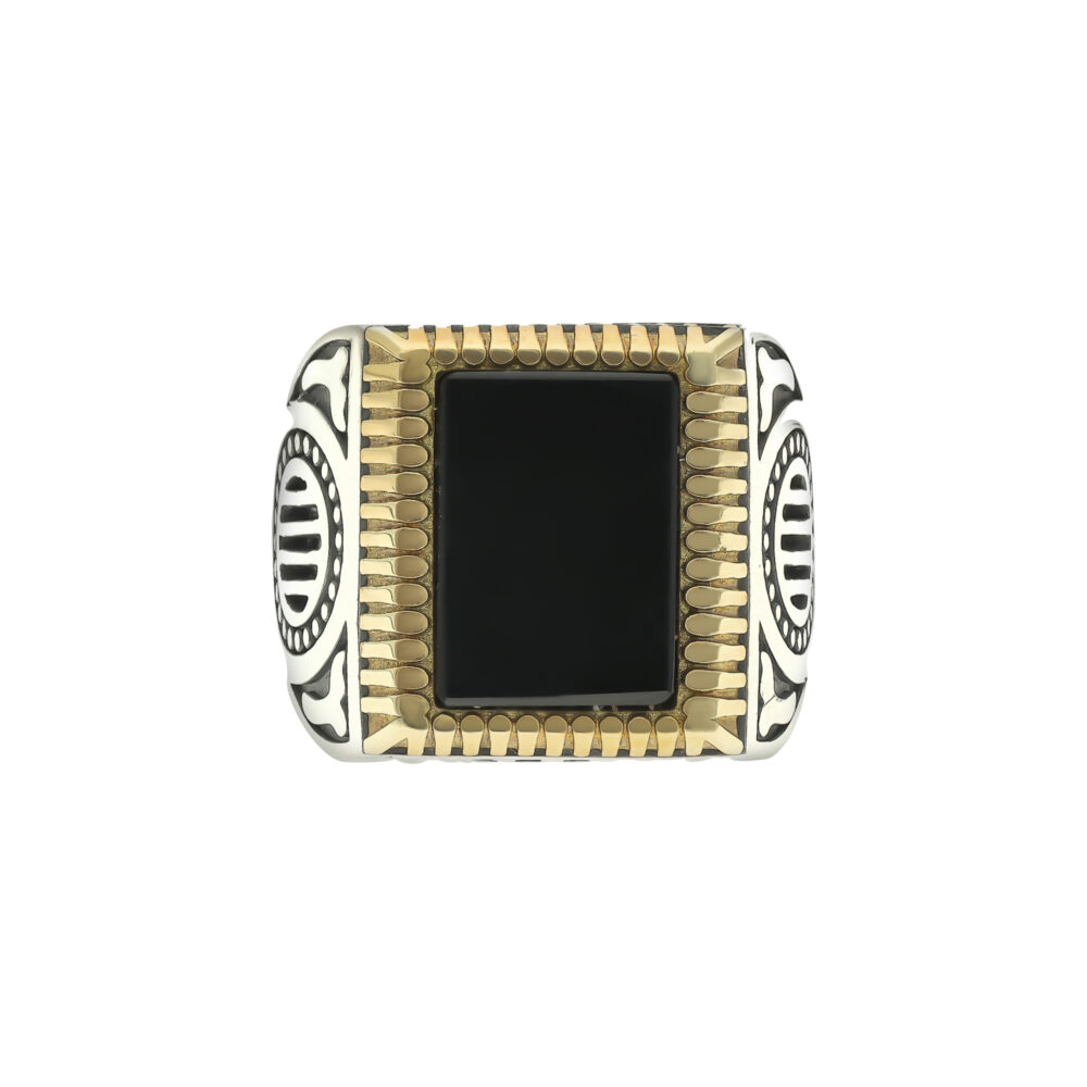 Chevalière homme argent doré rock love agate noire