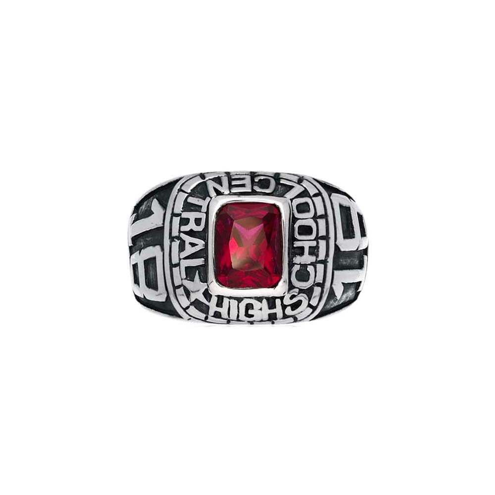 Chevalière homme universitaire pierre quarzt rouge argent