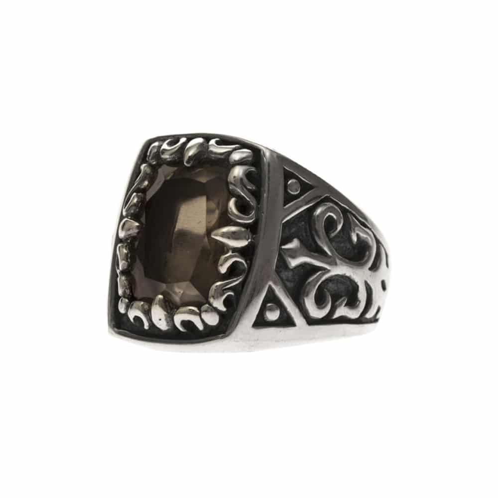 Alternative view of Chevalière homme argent quartz fumé l'esprit du roi