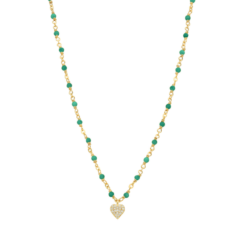 Collier argent doré cœur diamanté et pierres onyx vert