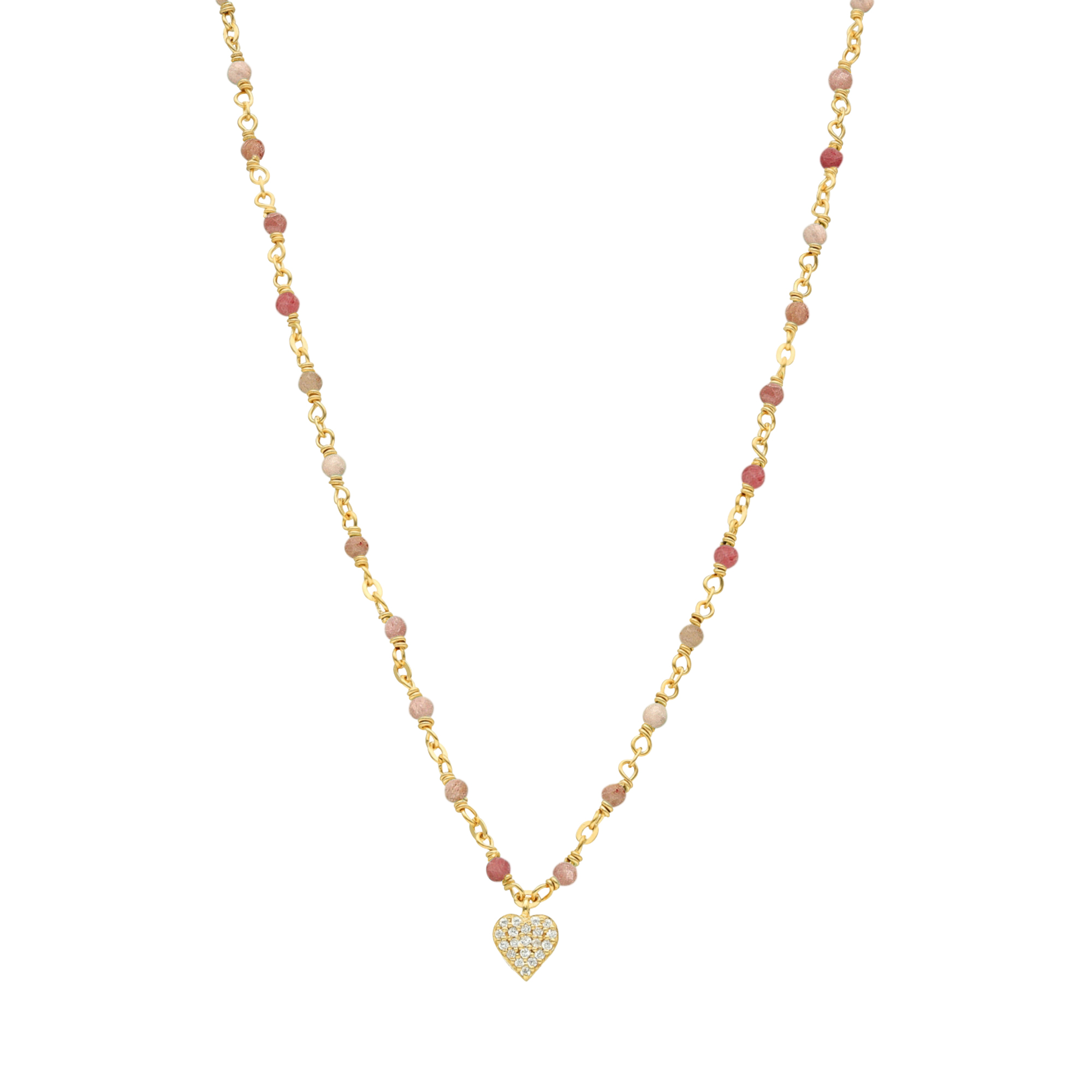 Collier argent doré cœur diamanté et pierres quartz rose fraise