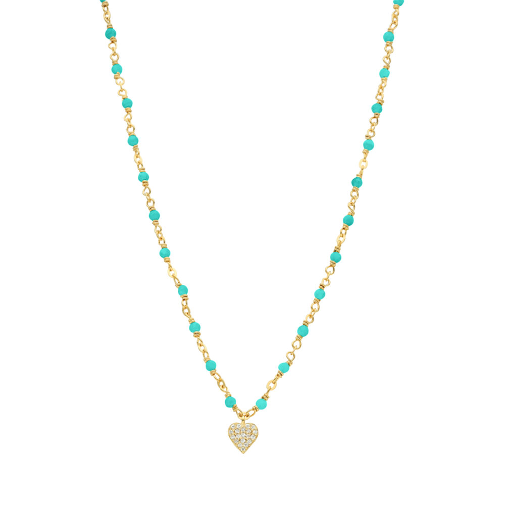 Collier argent doré cœur serti blanc et pierres turquoise