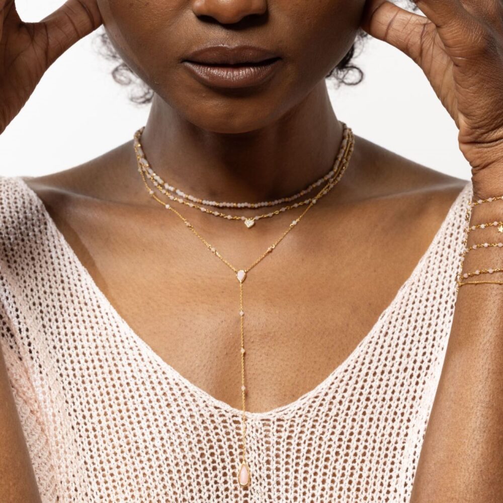 Alternative view of Collier argent doré cravate pierres opale rose