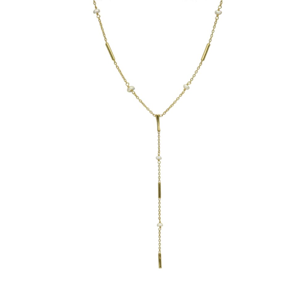 Collier argent doré cravate barrettes et perles naturelles blanches