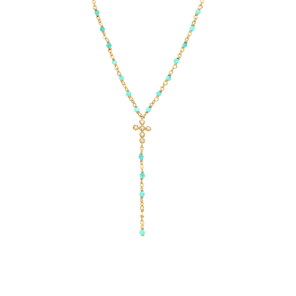 Collier argent doré cravate croix et pierres amazonite