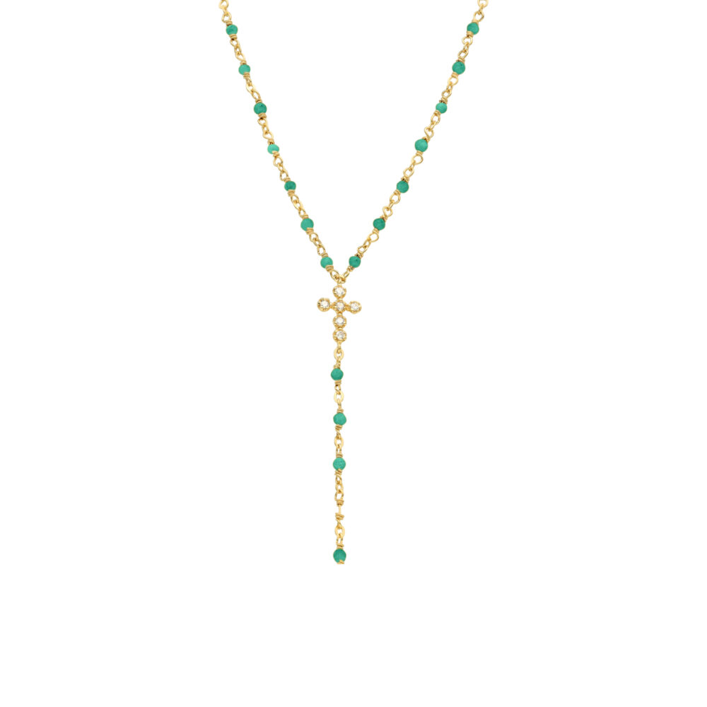 Collier argent doré cravate croix et pierres onyx vert