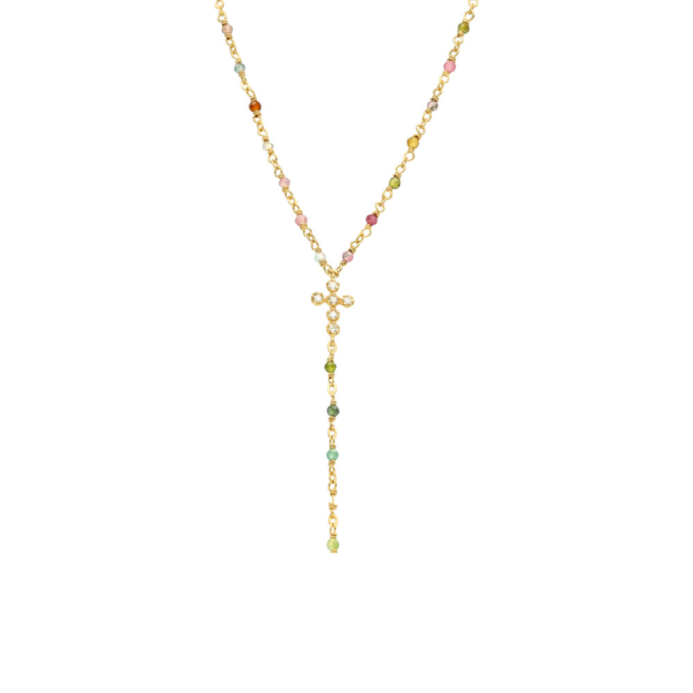 Collier argent doré cravate croix et pierres tourmaline