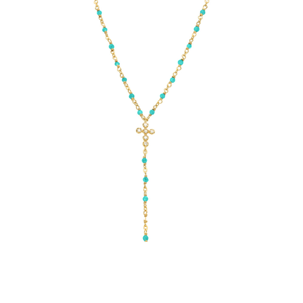 Collier argent doré cravate croix et pierres turquoise