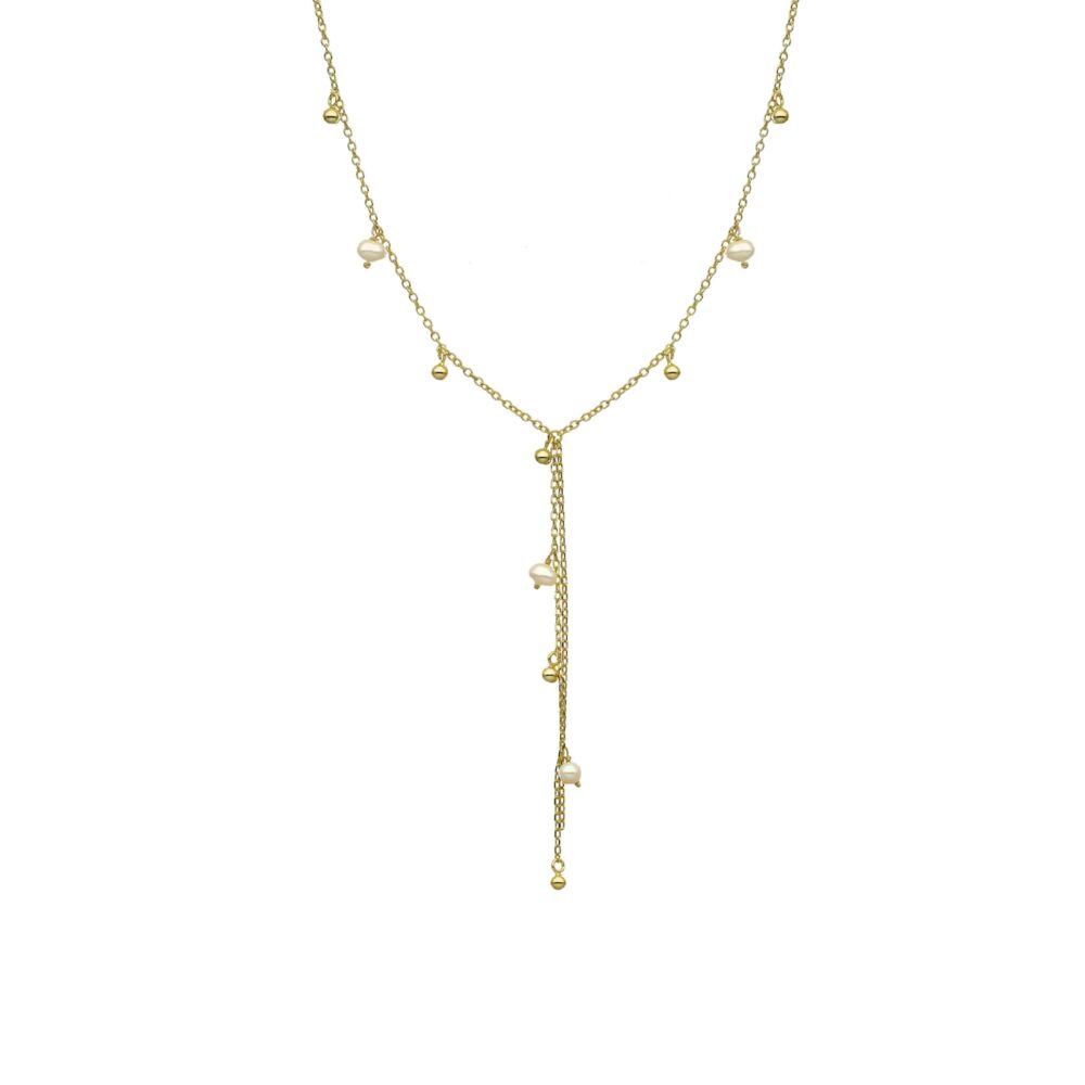 Collier argent doré cravate perles naturelles blanches et dorées