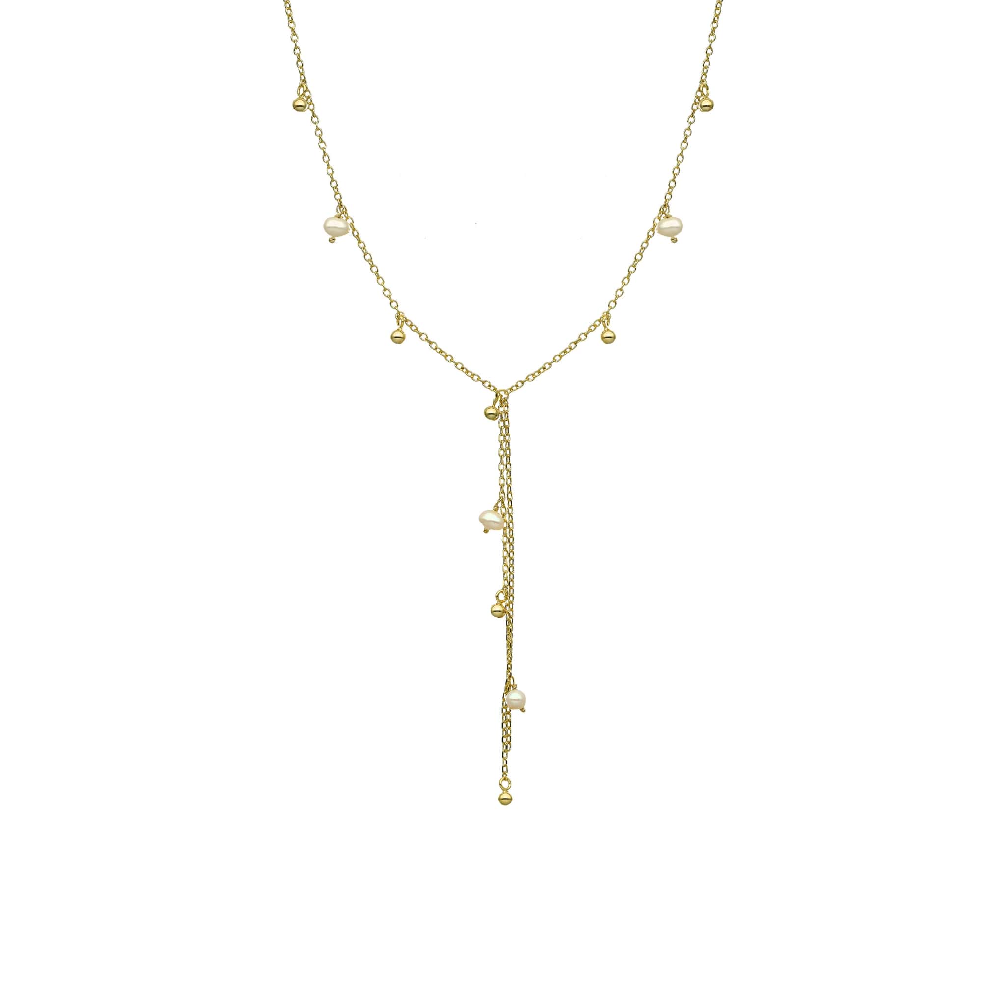 Collier argent doré cravate perles naturelles blanches et dorées