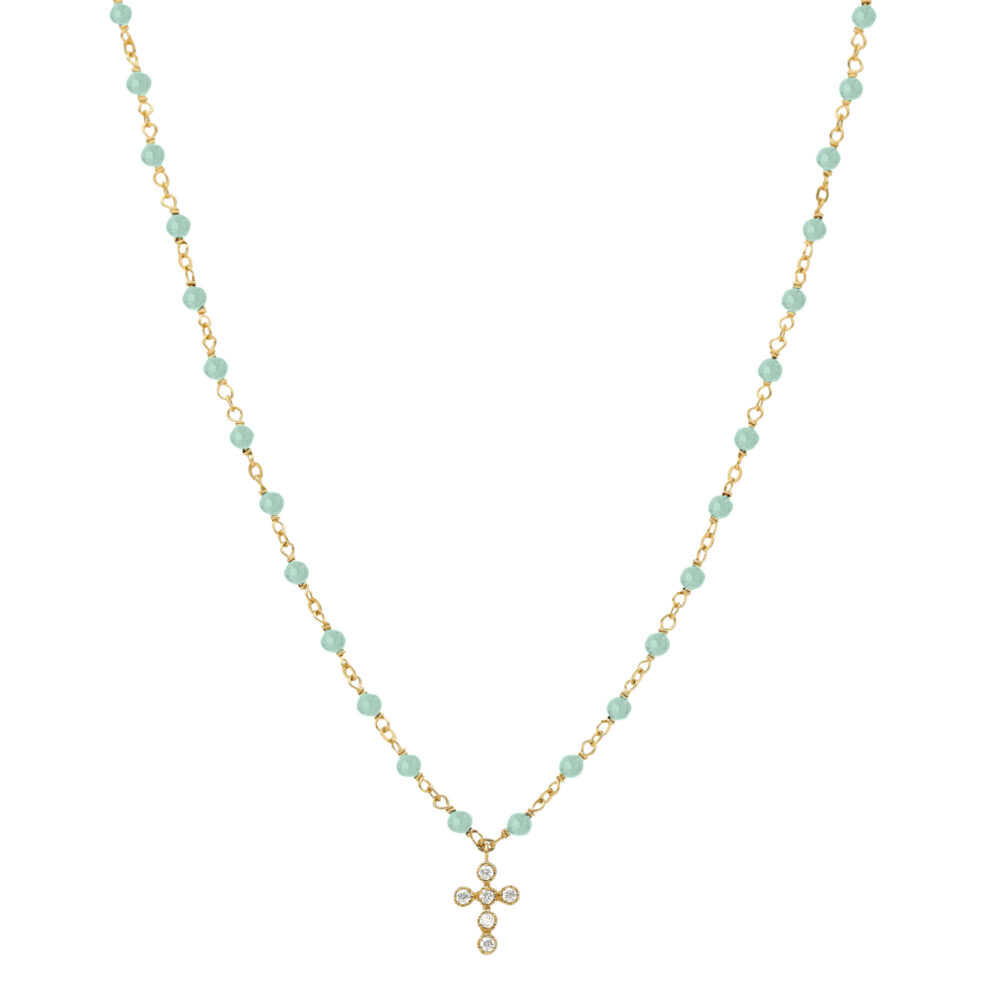 Collier argent doré croix en zirconium blanc et pierres amazonite