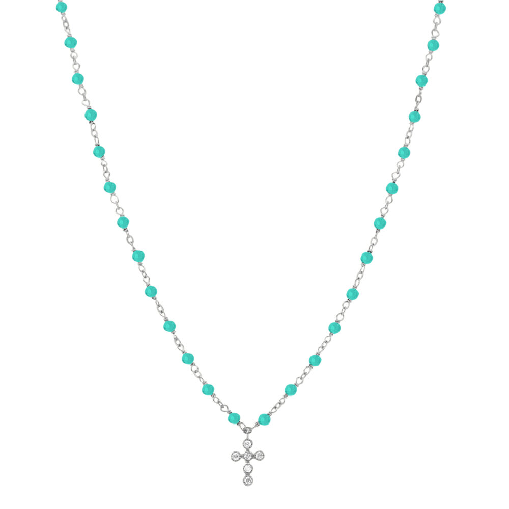 Collier argent rhodié croix en zirconium blanc et pierres amazonite