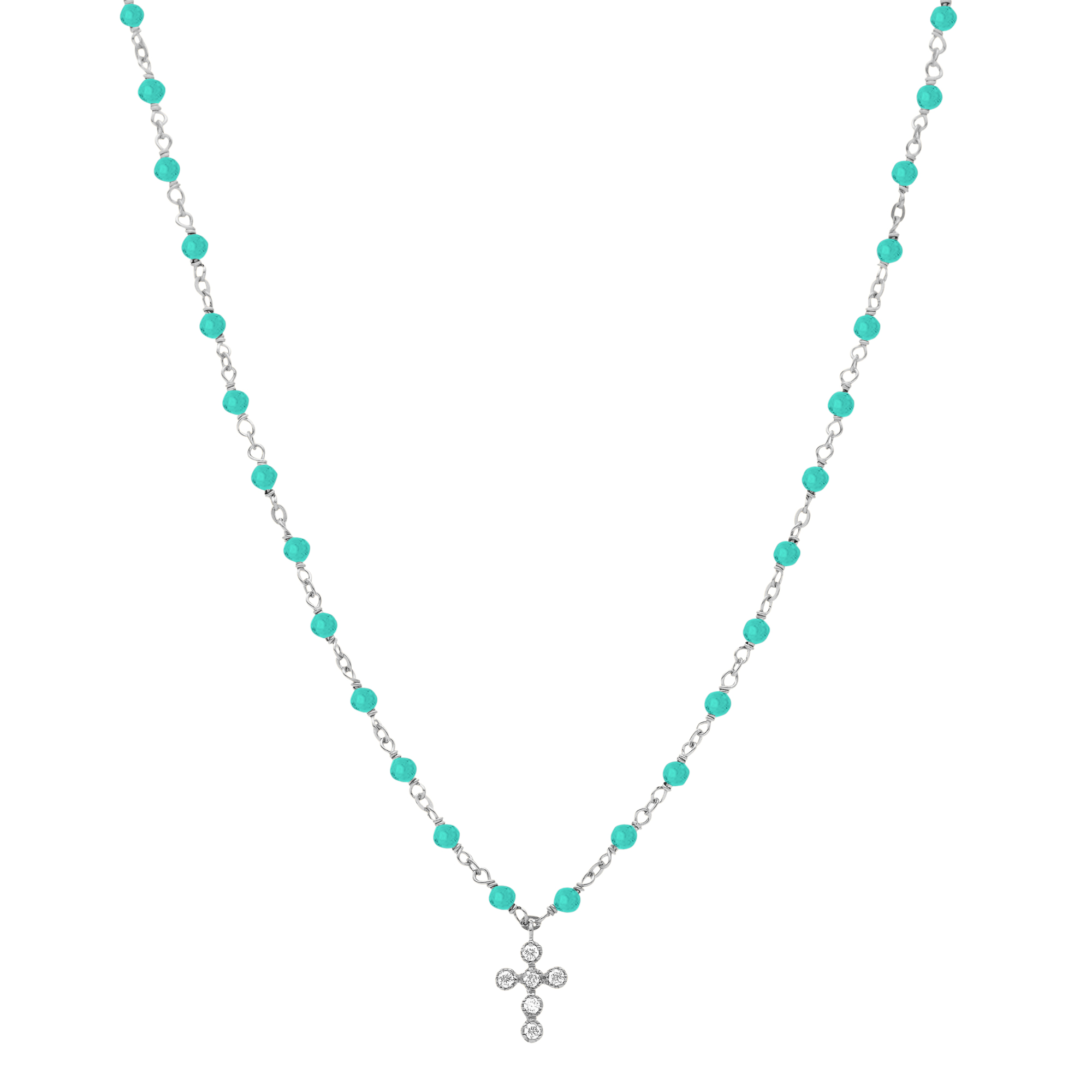 Collier argent rhodié croix en zirconium blanc et pierres amazonite