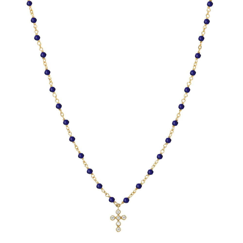 Collier argent doré croix en zirconium blanc et pierres lapis