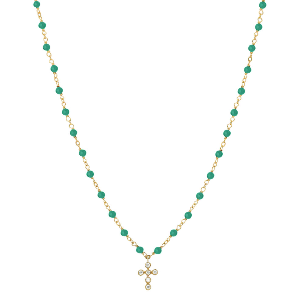Collier argent doré croix en zirconium blanc et pierres onyx vert