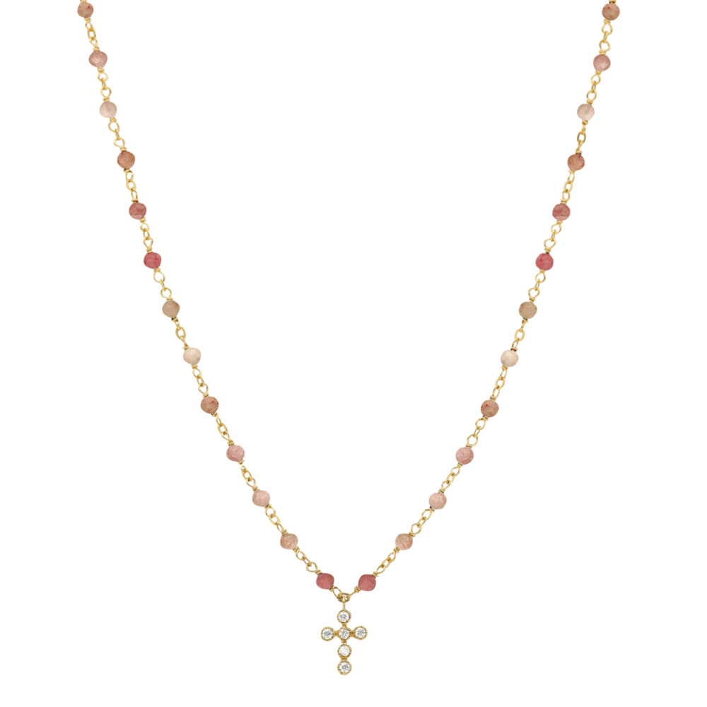 Collier argent doré croix en zirconium blanc et pierres quartz rose fraise