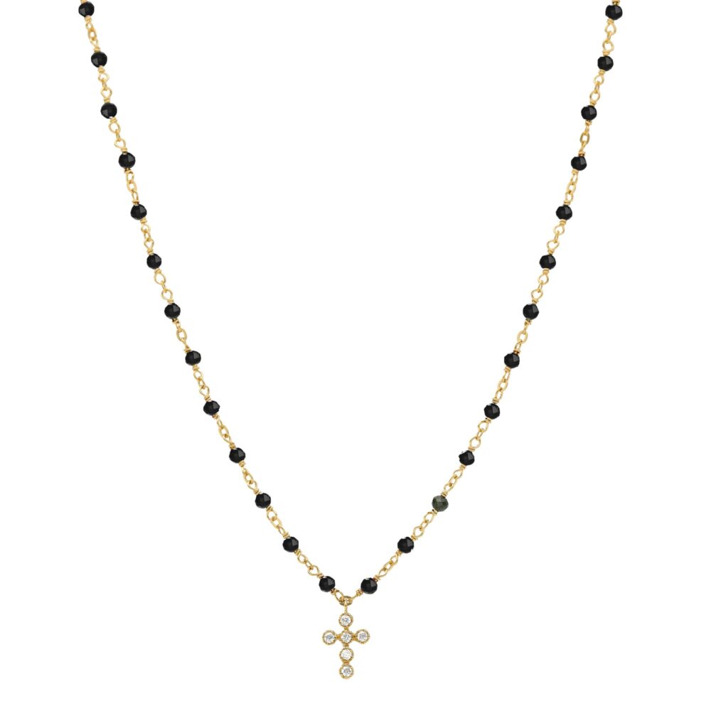 Collier argent doré croix en zirconium blanc et pierres Spinelle noires