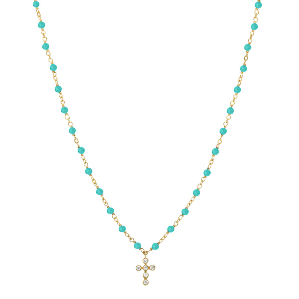 Collier argent doré croix en zirconium blanc et pierres turquoise