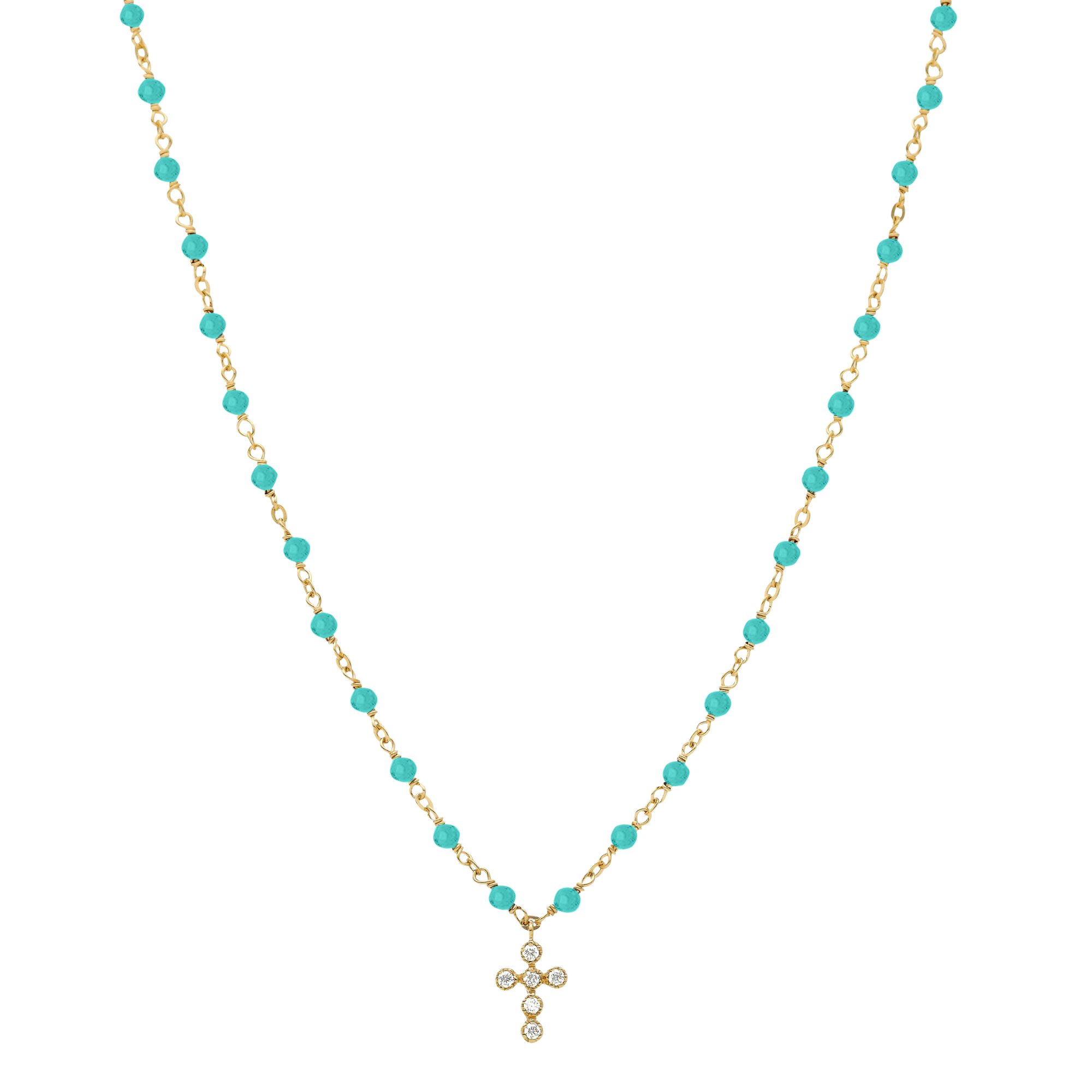 Collier argent doré croix en zirconium blanc et pierres turquoise