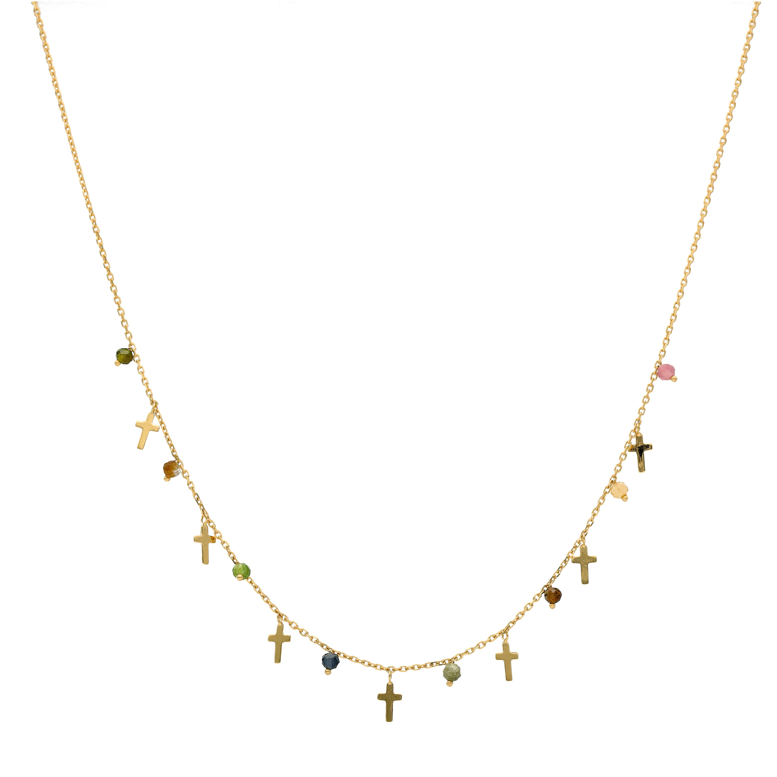 Collier argent doré croix et perles multi-tourmaline