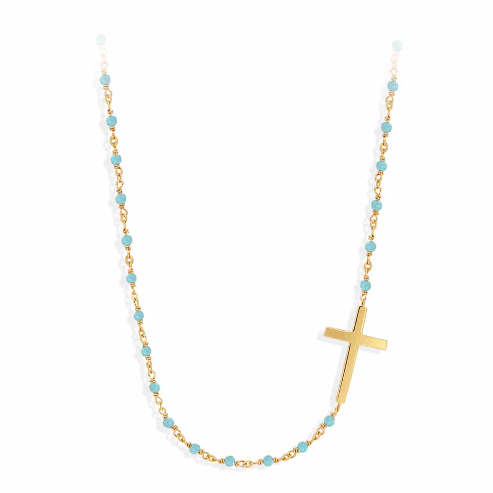 Collier argent doré croix et turquoise