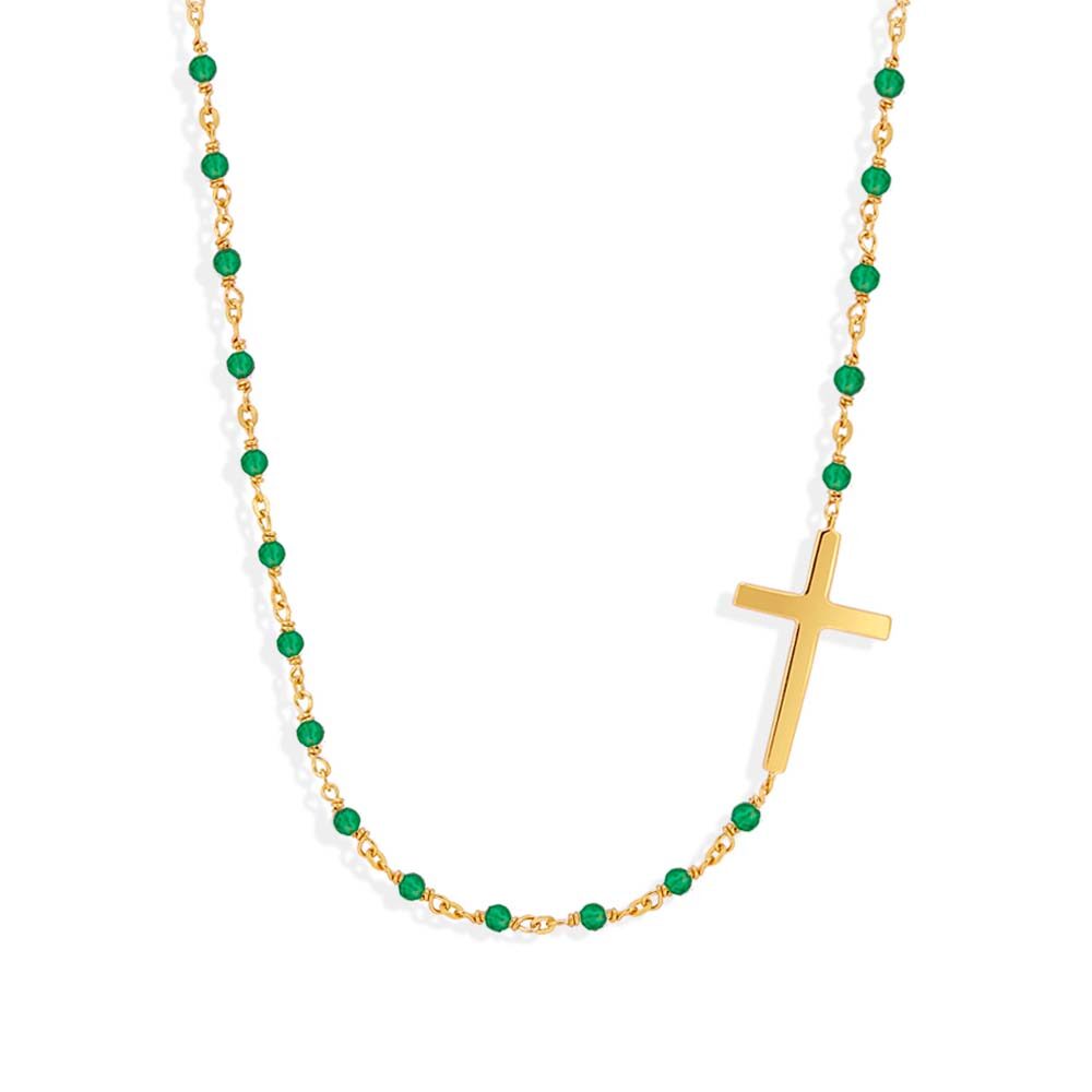 Collier argent doré  croix et pierre onyx vert