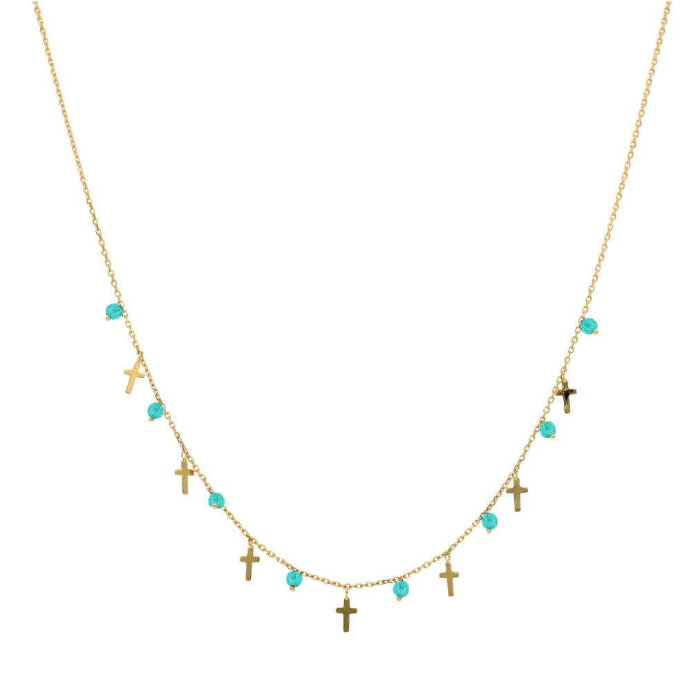 Collier argent doré petites croix et pierres naturelles turquoise
