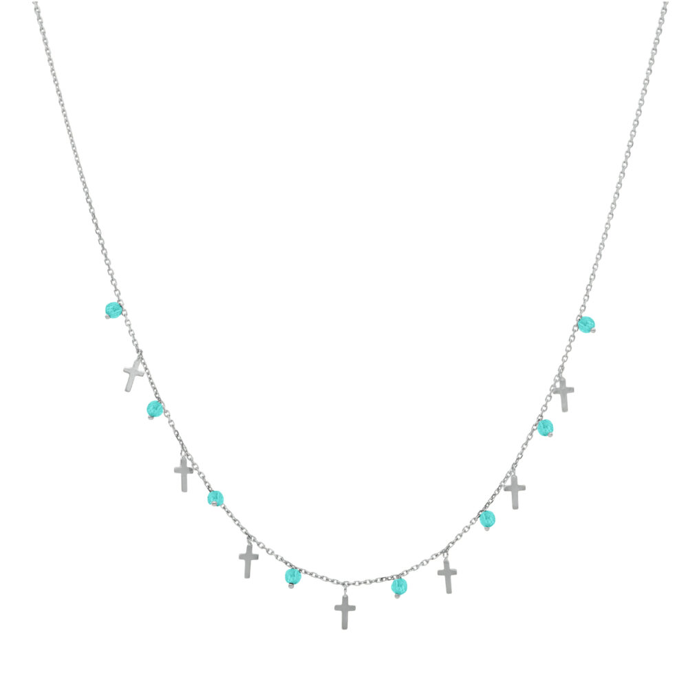 Collier argent rhodié croix et pierres naturelles amazonite