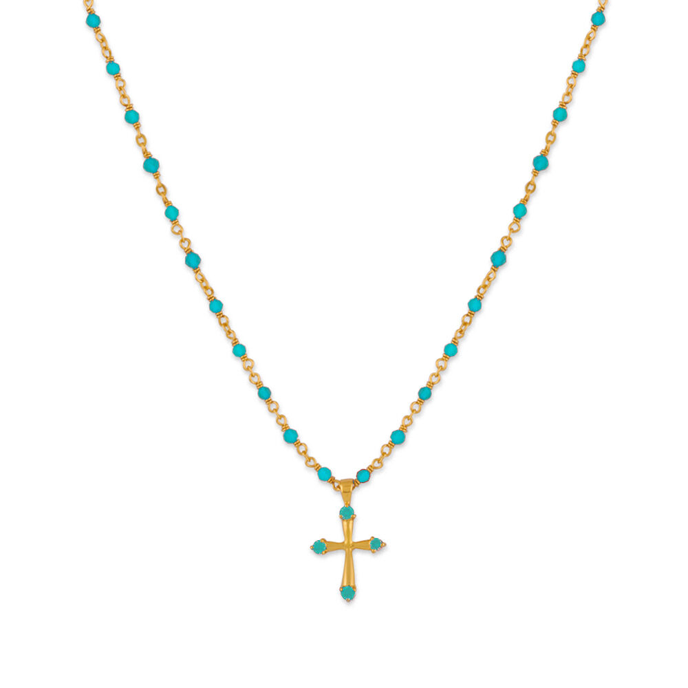 Collier argent doré croix et pierres naturelles turquoise