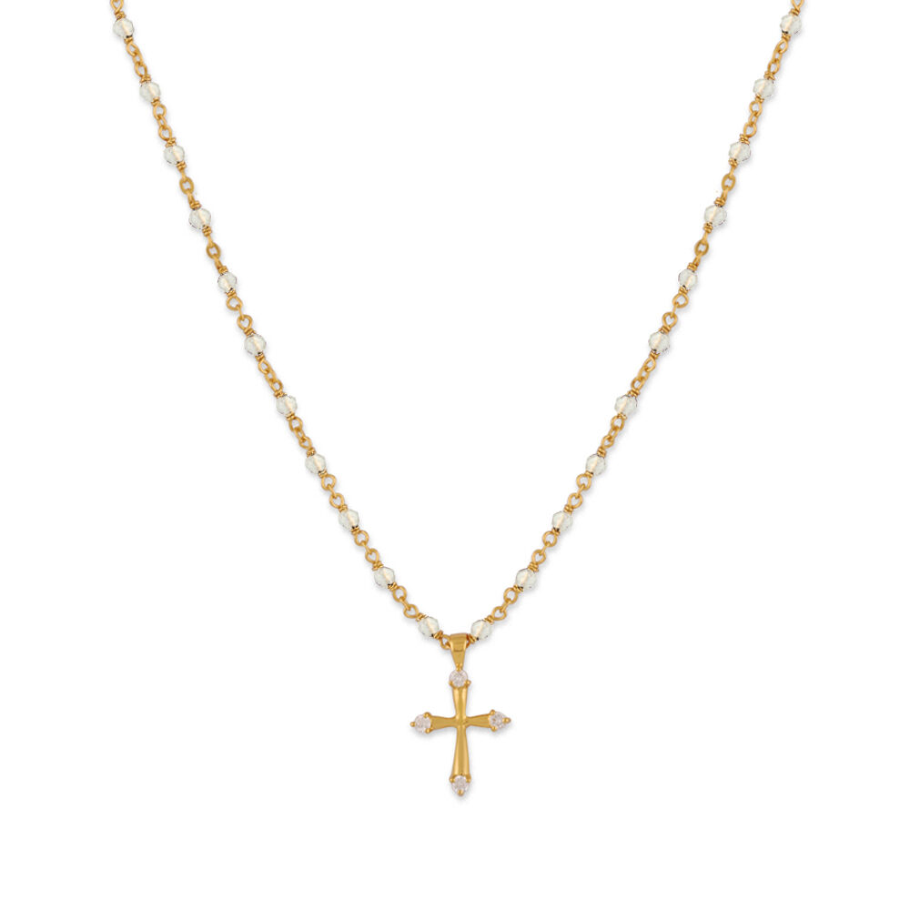 Collier argent doré croix et pierres naturelles blanche