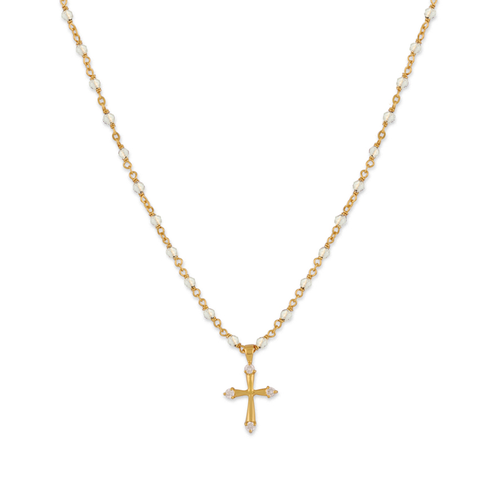 Collier argent doré croix et pierres naturelles blanche