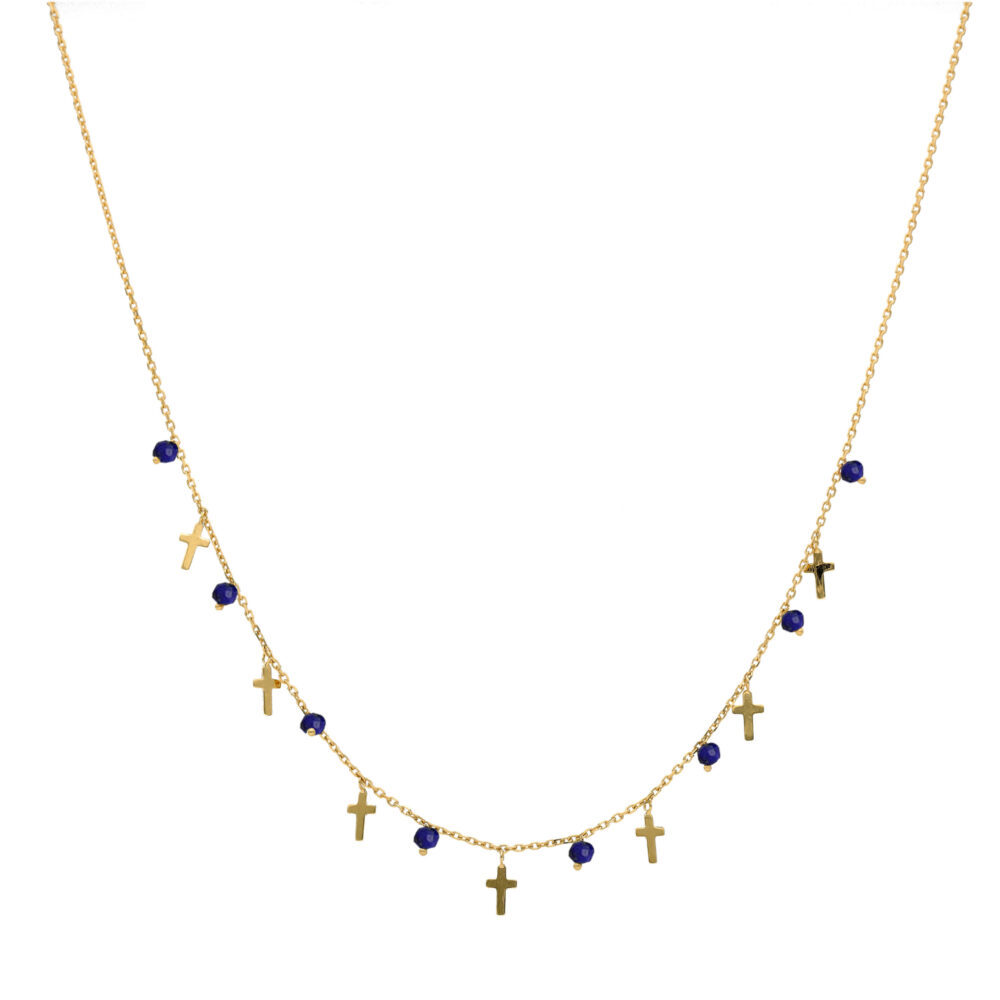Collier argent doré croix et pierres naturelles lapis