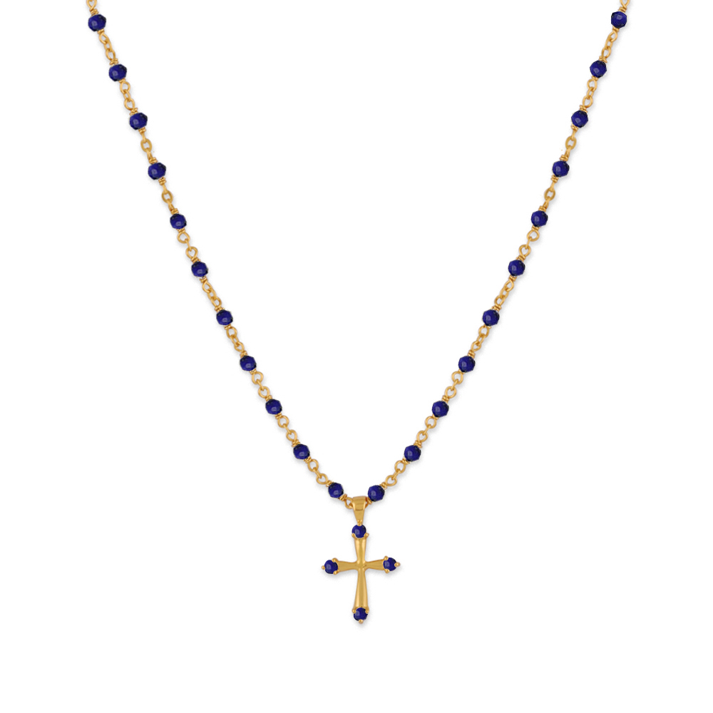 Collier argent doré croix et pierres naturelles lapis