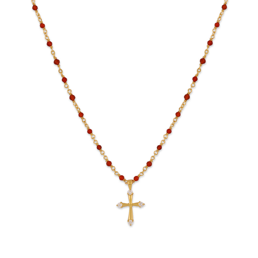 Collier argent doré croix et pierres naturelles rouge