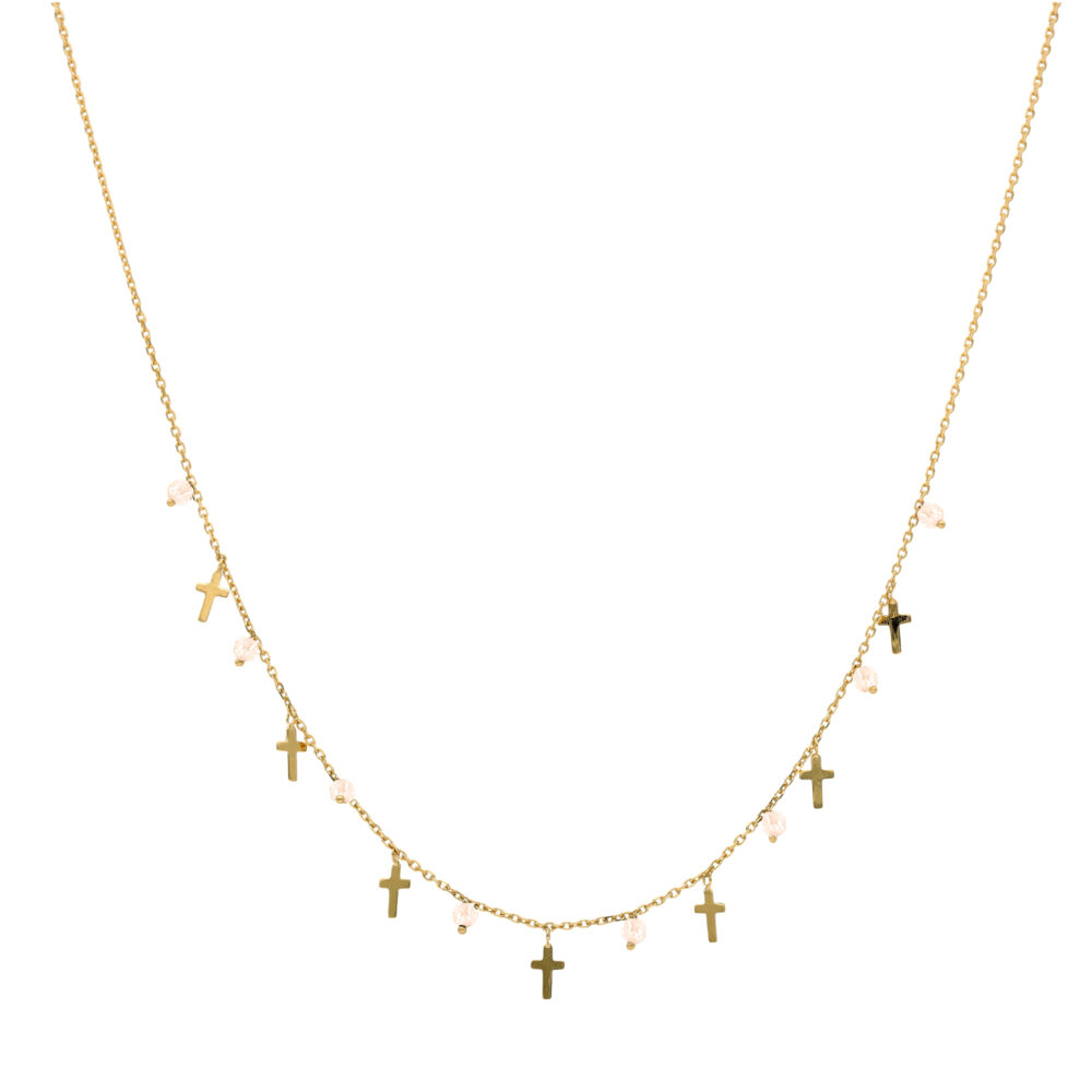 Collier argent doré croix et pierres naturelles opale rose