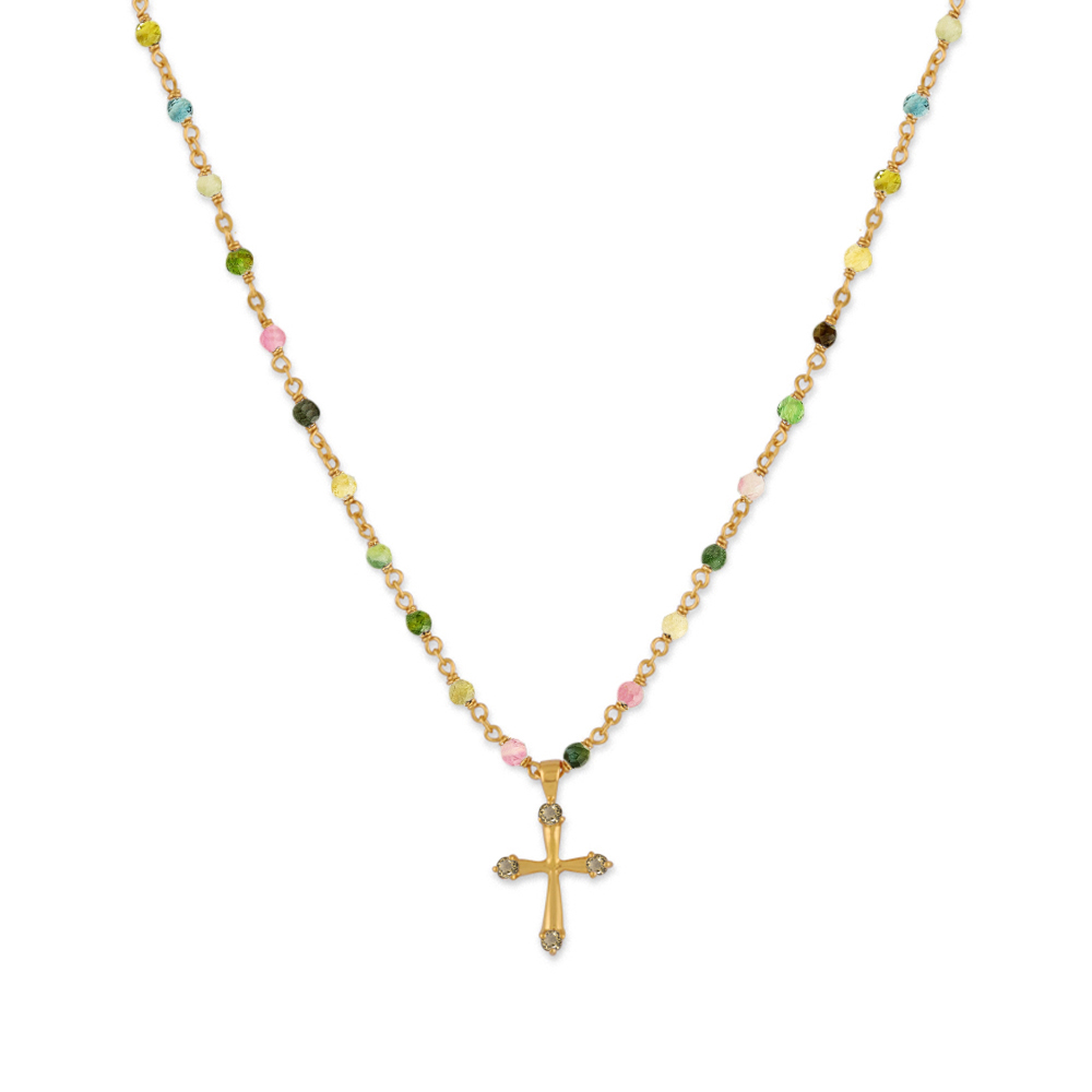 Collier argent doré croix et pierres naturelles tourmaline
