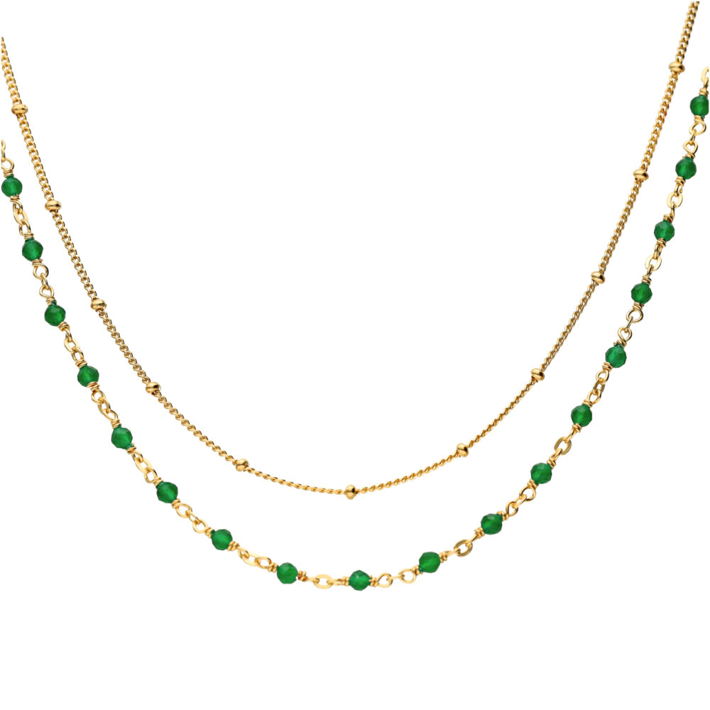 Collier argent doré double chaine et pierres naturelles onyx vert